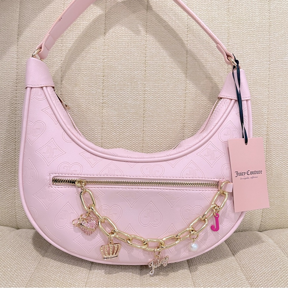 NEW Juicy Couture Pink Embossed Heart Logo Hobo Bag Gold Charm Chain NWT